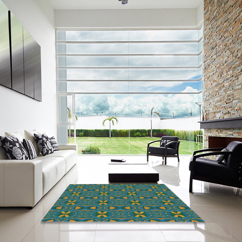 Tapis turquoise/jaune à motifs, Carré 5 pi