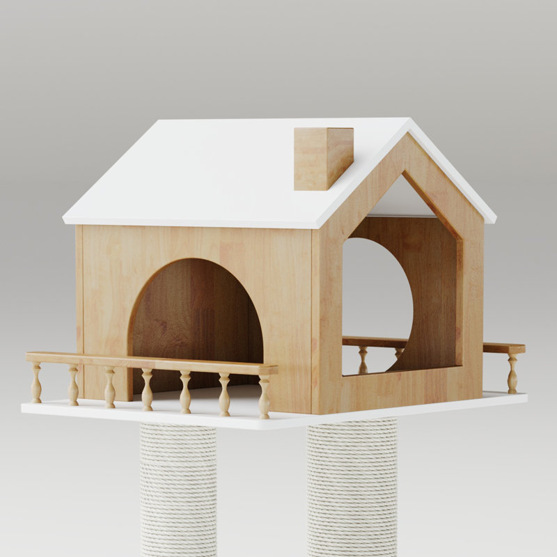 Mewzoom 51" Tall Solid Wooden Cat Tree with Scratching Posts, Natural Luxury Cat House with Big Bed