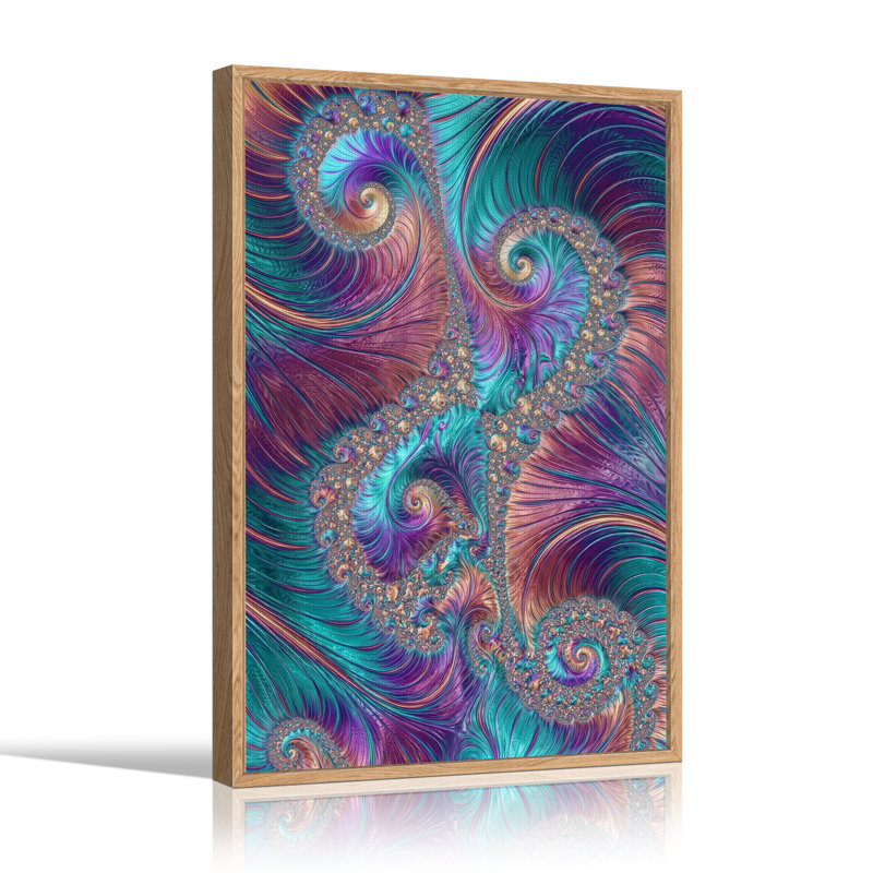 Tableau sur toile à motif fractal en spirale turquoise et violette, H 48 po x l 36 po