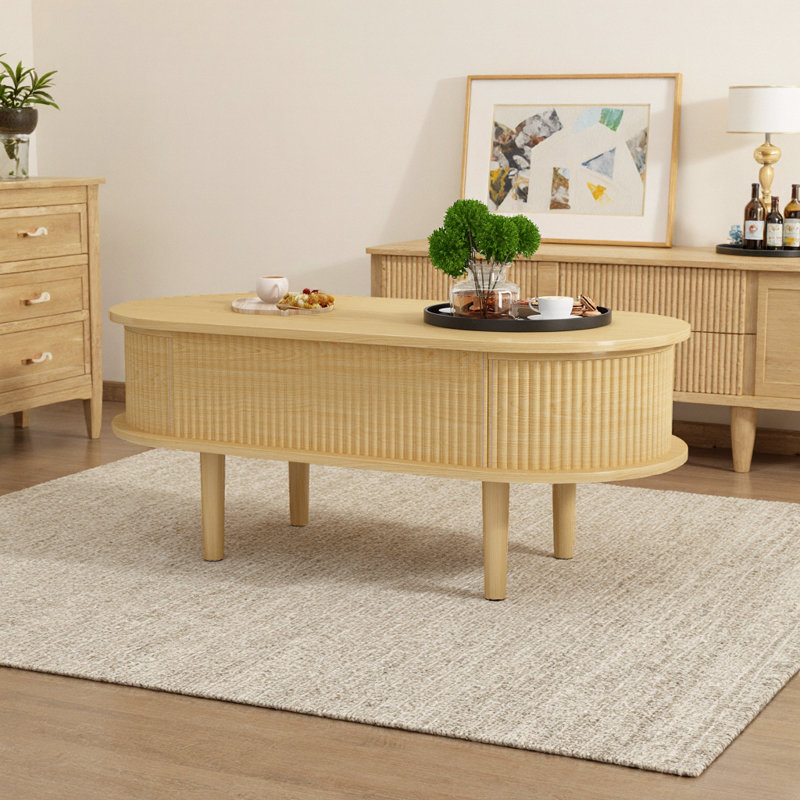 Table basse à plateau relevable hydraulique avec compartiments de rangement cachés, Bois naturel