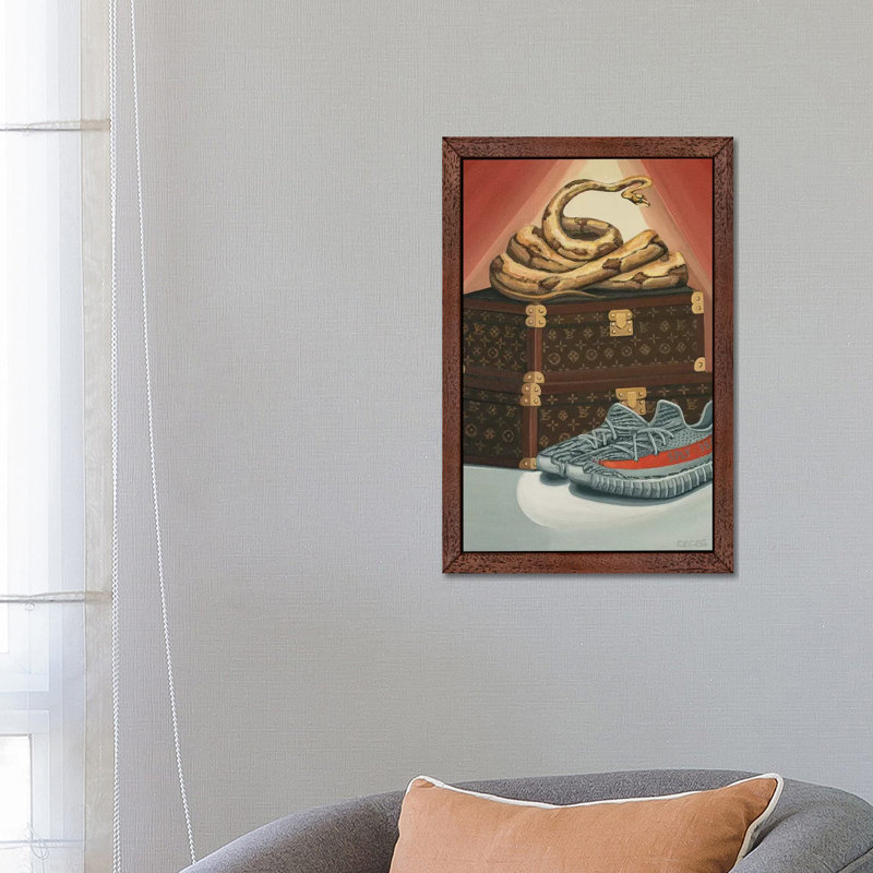 Python Snake on Louis Vuitton Trunks and Yeezys - Painting Print on Canvas, 66.04 cm H x 45.72 cm W, Brown Framed