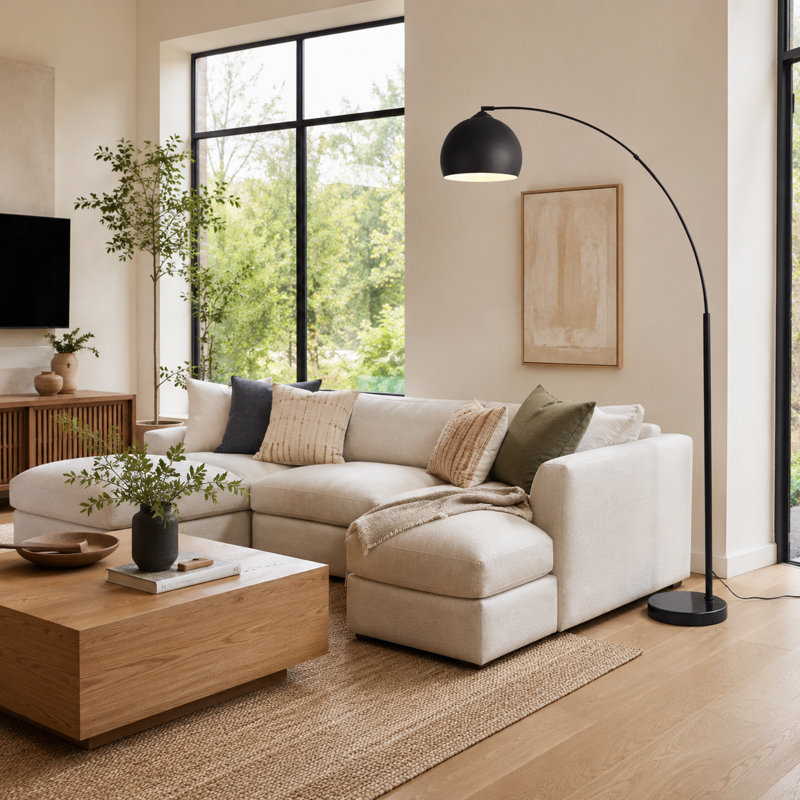 Lampe sur pied arquée moderne de 67 po avec abat-jour courbé en métal, base en marbre lestée et interrupteur au pied pour le salon ou la chambre à coucher