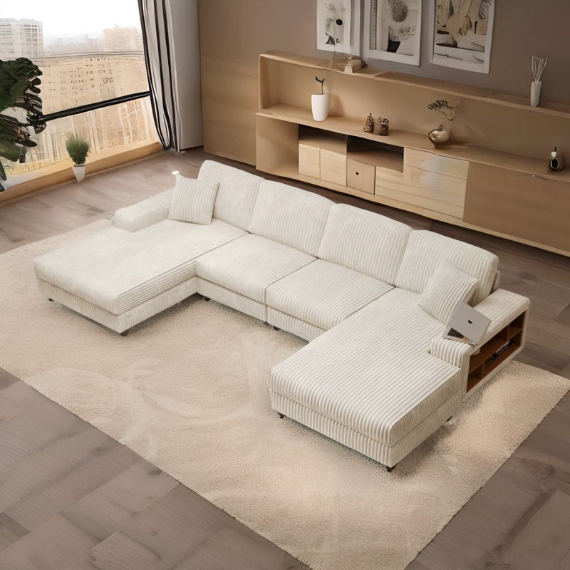 Convertible U-shaped Combination Sofa, Beige Corduroy