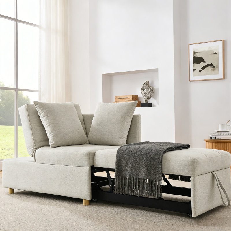 Convertible Pull Out Sofa Bed, Linen Fabric Sleeper Sofa With 2 Pillows & Caster Wheels, Compact Sleeper Loveseat, White