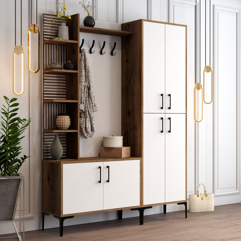 Zephyrine Hall Tree 150cm Wide with Shoe Storage, Walnut/White