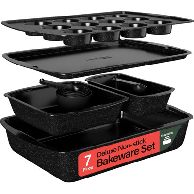 Stackable Baking Pan Set - Deluxe Nonstick Gray Marble Coating, Carbon Steel Bakeware Sets, Pfoa, Pfos, Ptfe Free, Recipe Booklet Included, Oven Safe (up To 450°f), Set Of 7 - Gray Marble