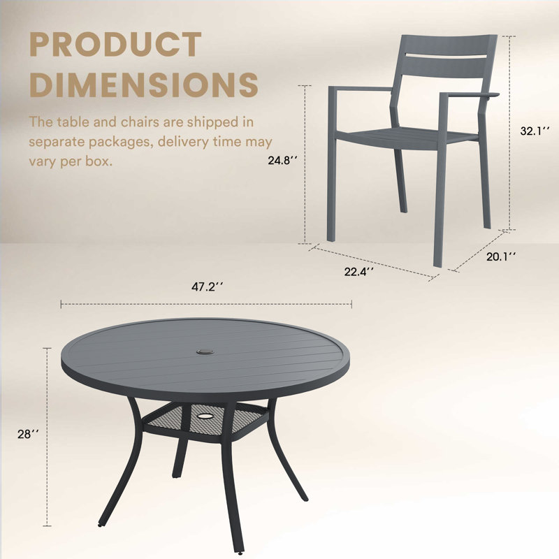 Ensemble de salle à manger de patio pour 6 personnes avec chaises en métal, Gris foncé / Gris