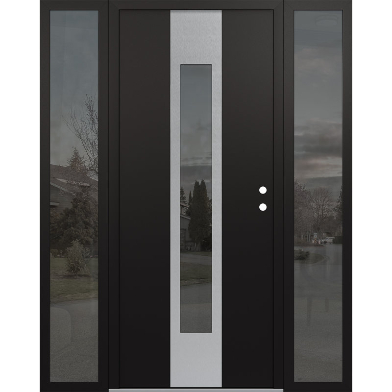 Porte d'entrée pré-suspendue en acier argenté à panneau droit Diamond One avec deux panneaux latéraux Diamond, Miroitant