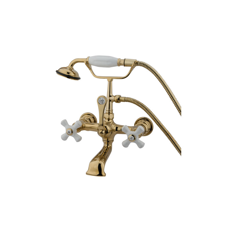 Hot Springs Triple Handle Wall Mounted Clawfoot Tub Faucet with Handshower, Polished Brass