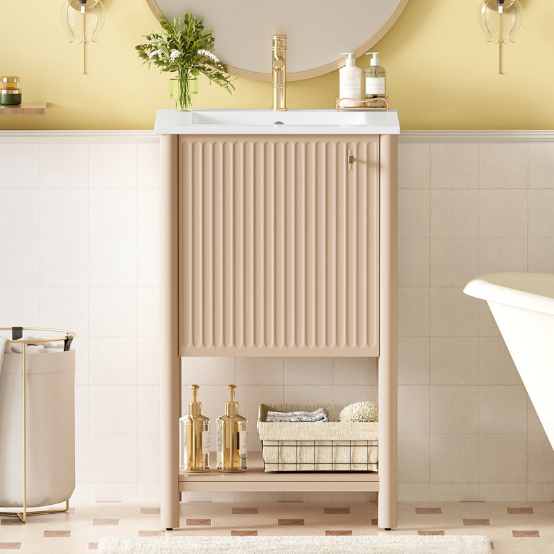 Meuble-lavabo de salle de bain avec lavabo en céramique, porte à fermeture douce et tablette inférieure
