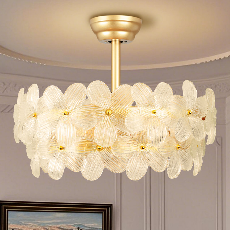 22" Indoor Gold Floral Glass Ceiling Fan with Light Kit, Remote Control, 7 Reversible Blades, DC Motor for Bedroom, Dining Room, Study，Living Room