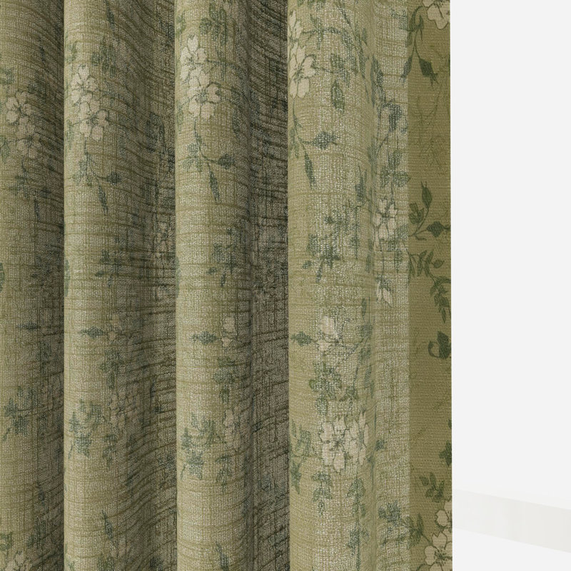 TWOPAGES Unlined Floral Curtain Printed Faux Linen Pinch Pleat Curtain, 40" W x 96" L, Ivy Brown