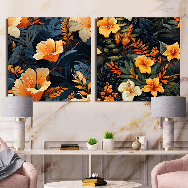 Tropical Twilight - motif tropical - ensemble de 2 collages floraux carrés, Toile tendue, H 16 po x l 33 po