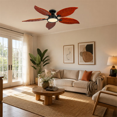 Ventilateur de plafond encastré en bois de noyer foncé et en feuille de palmier noir foncé, ventilateur de 52 po d'intérieur avec lumière tropicale