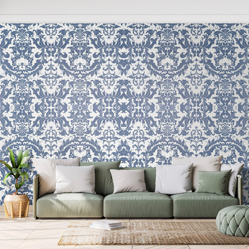 Motif damassé classique bleu classique, L 132 po x l 192 po