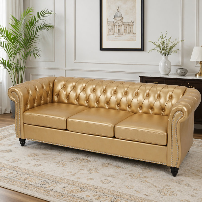 Canapé classique Chesterfield 3 places avec accoudoirs roulés et similicuir, Polyuréthane doré