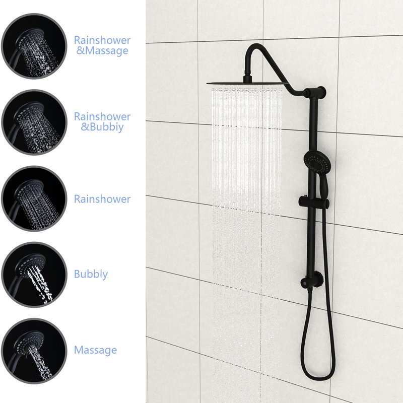Système de douche 10 pouces noir mat. Barre coulissante de 26,3 po à 5 fonctions à main et à fixation murale. Installation facile. Pluie, massage, réglages de bulles. Inclut la tête, la douchette et le boyau. Nettoyer avec la buse. Système de garniture sans valve