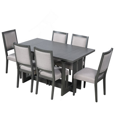 Ensemble de table de salle à manger extensible de 82 pouces avec table à tréteaux et 6 chaises rembourrées Rustic, parfait pour une salle à manger polyvalente et confortable