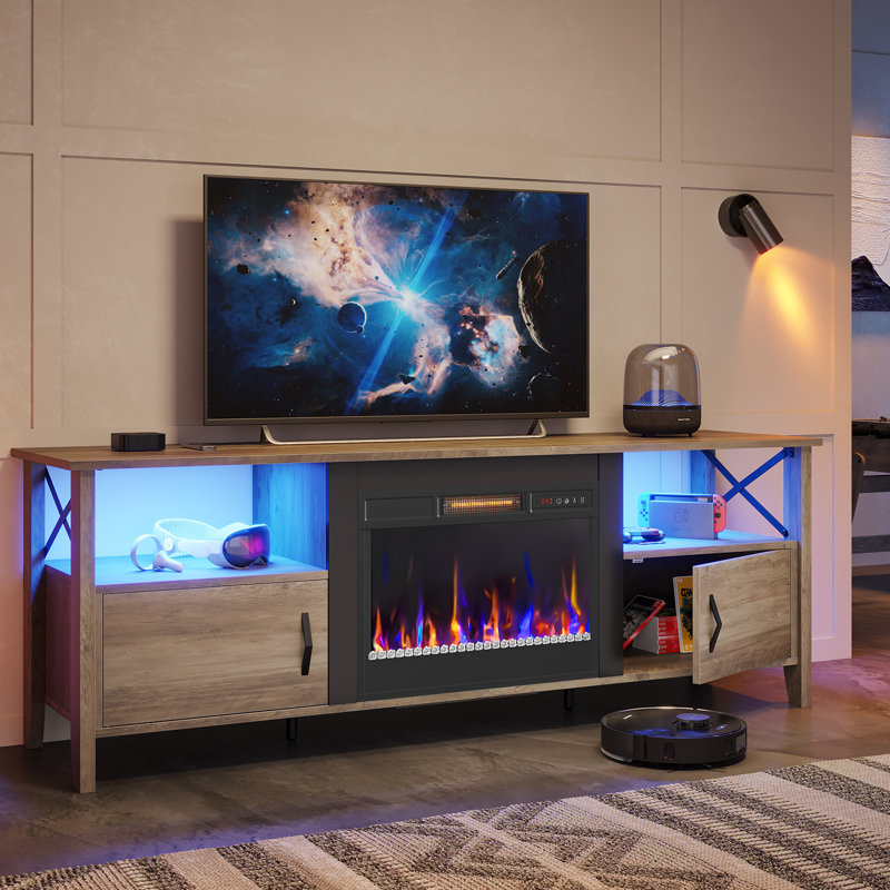 Brahma 63" Fireplace TV Stand for TVs to 70" with Remote Control 23" Electric Fireplace Heater, LED Lighting, Timer, Over Heat Protection