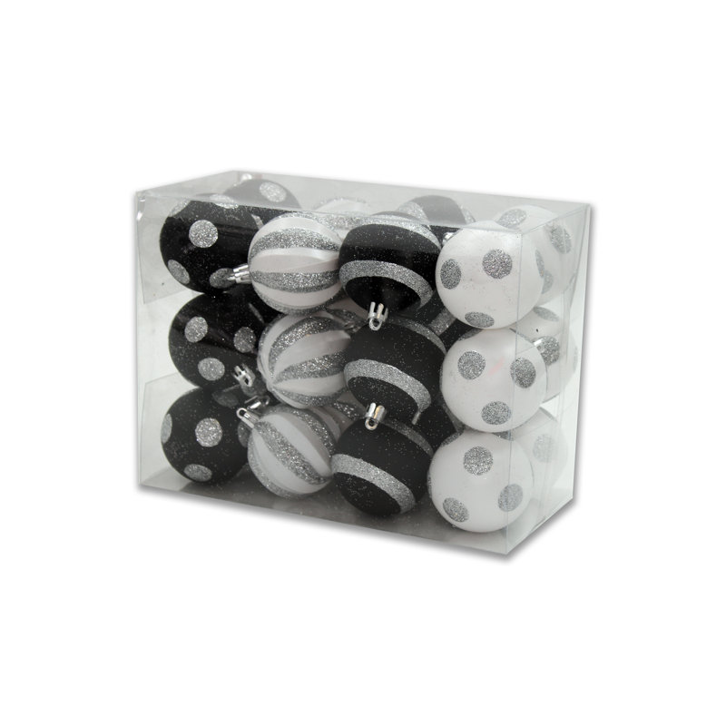 White Silver & Black Plastic Christmas Ornament Ball Set, Pack of 24