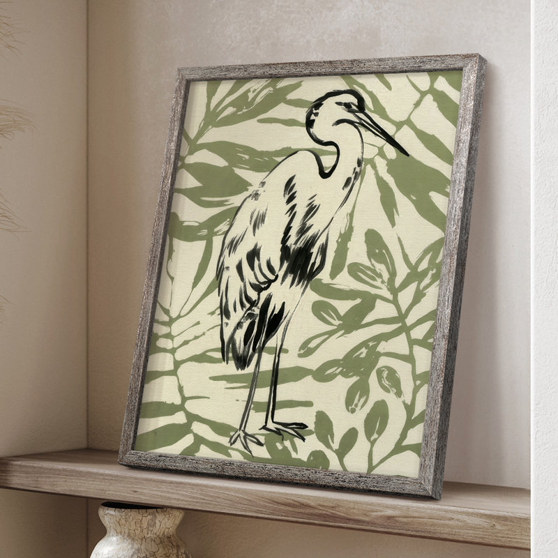 Retro Parlor Heron III Framed Print - Solid Wood, 11" H x 9" W