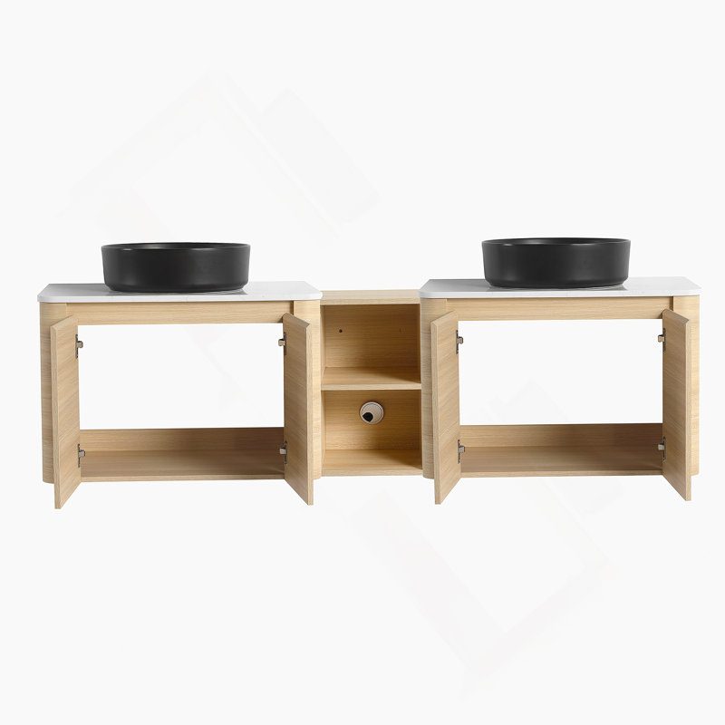 Meuble-lavabo mural 72 po avec lavabo d'art en céramique, tablettes de rangement et portes à fermeture en douceur, peu encombrant et élégant