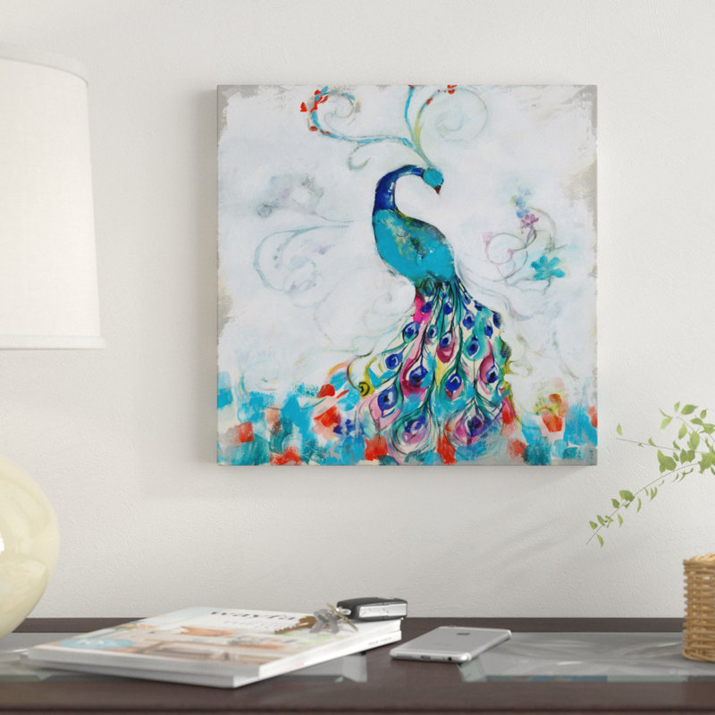 « confettis peacock i », reproduction de peinture à l’acrylique sur toile tendue, H 14 po x l 14 po x P 2 po