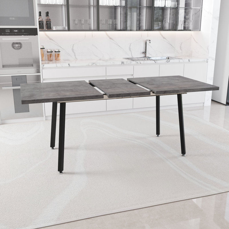 Expandable Dining Table For 4 - 6 People, Rectangular , Gray With Black Metal Legs, Medieval Industrial Look Home & Kitchen Table, Rectangular, Expandable, Theme Use