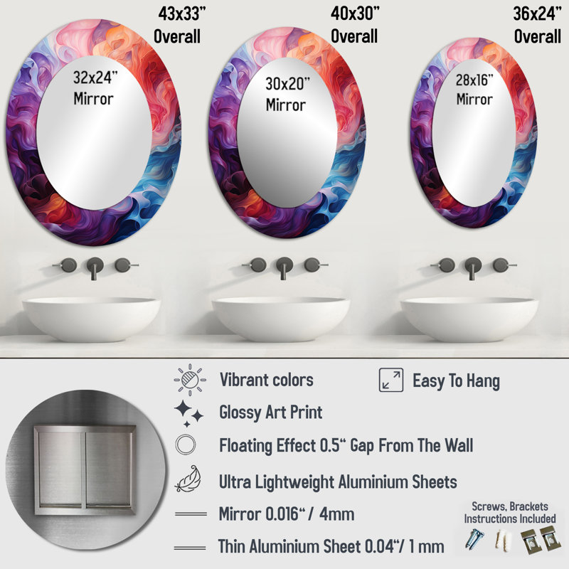 Opt Art Radiant Spectrum II - Grand miroir mural ovale sur métal, 36 po x 24 po