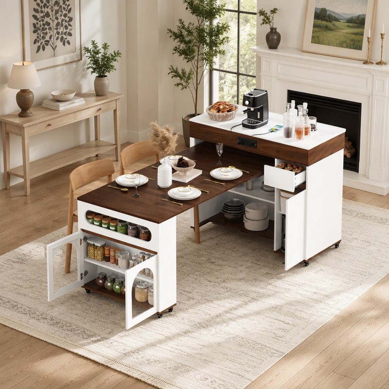 Table de salle à manger extensible avec plateau pliable extra-long, îlot de cuisine roulant avec tiroirs, prise de courant et verrou de frein pour une utilisation polyvalente