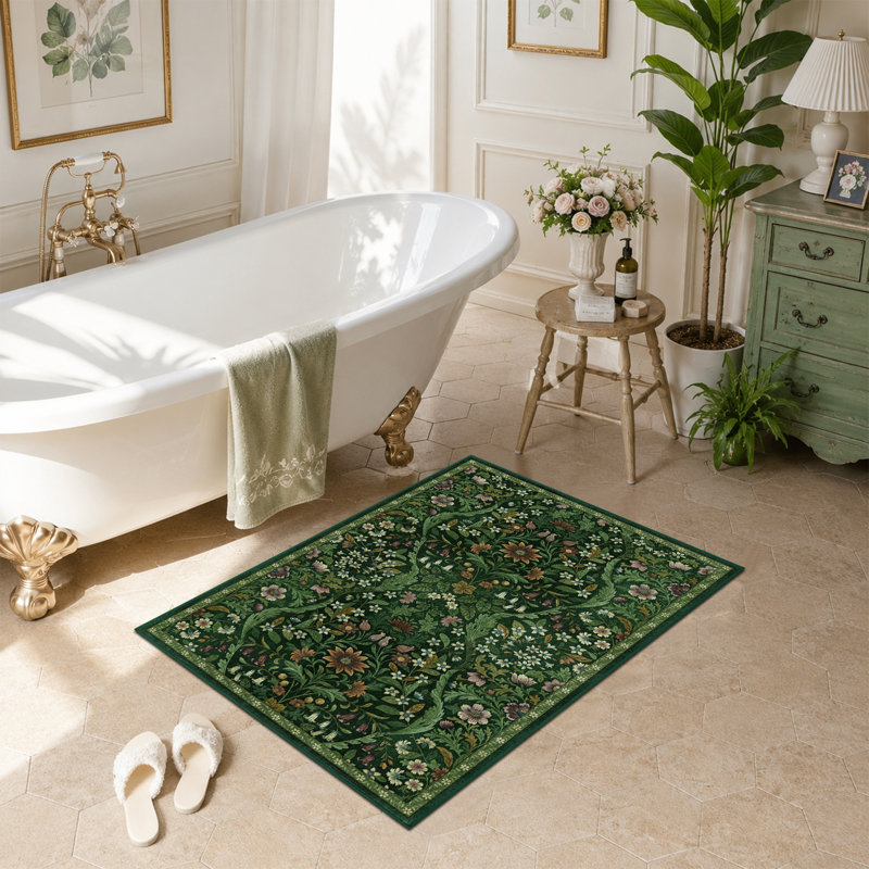 Washable Area Rug - Vintage Boho Botanical Low-Pile Rug, Dark Green, Rectangle 2' x 3'