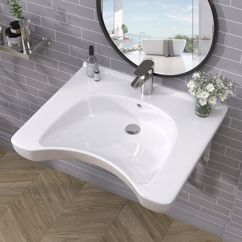 25.5" W X 21.75" D ADA Compliant Ceramic Bathroom Sink U-Shape Wall-Mounted White Sink Wall Hung Accessible Vessel Sink with Integrated Overflow & Single Pre-Drilled Faucet Hole