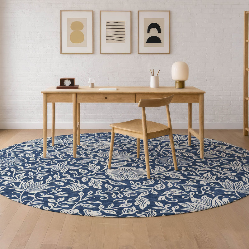 Machine Washable Indoor/Outdoor Chantille ACN2572 Floral Rug, Navy, 8' Round