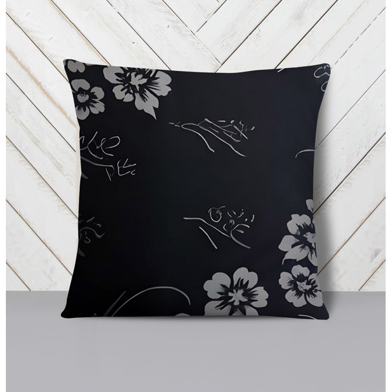 Throw Pillow With Insert, 16"H x 16"W, Black/White Floral 1