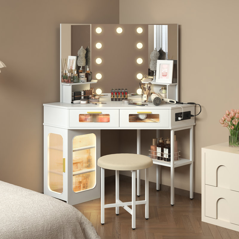 Chantle Vanity Modern Dressing Table, Featuring 11 Hollywood-style Bulbs And Three-color Light Sensor, White