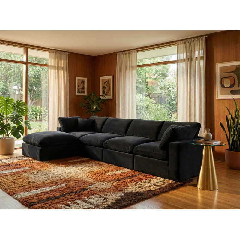 Hinesh Velvet L-Shaped Sectional Reversible, Black Velvet