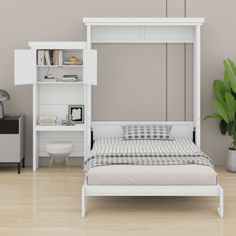 Lit escamotable avec tablettes de rangement et décoration à persiennes, Blanc