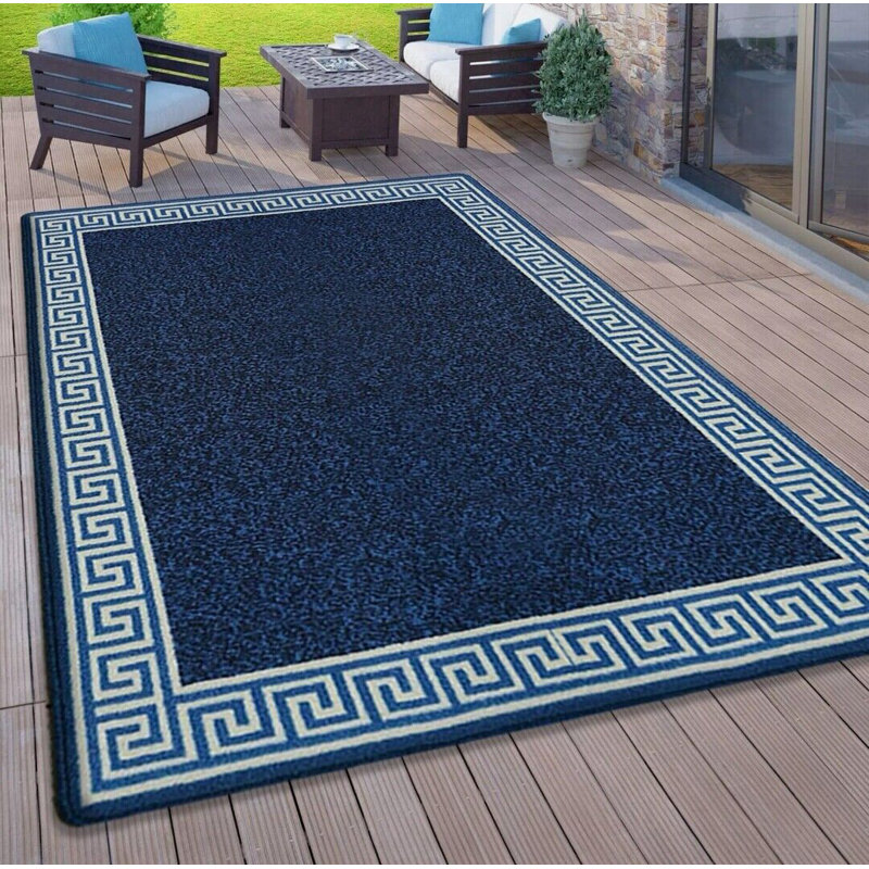 Plain Rug with Greek key Bordered Gel backed Rug Allorah Blue/Cream Rug, Rectangle 80 x 300cm