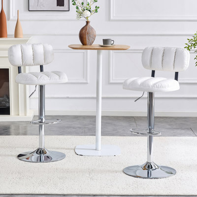 Set Of 2 Adjustable Height Bar Stools, White PU Leather Upholstered With Chrome Base & Footrest, Modern Comfort For Home And Kitchen