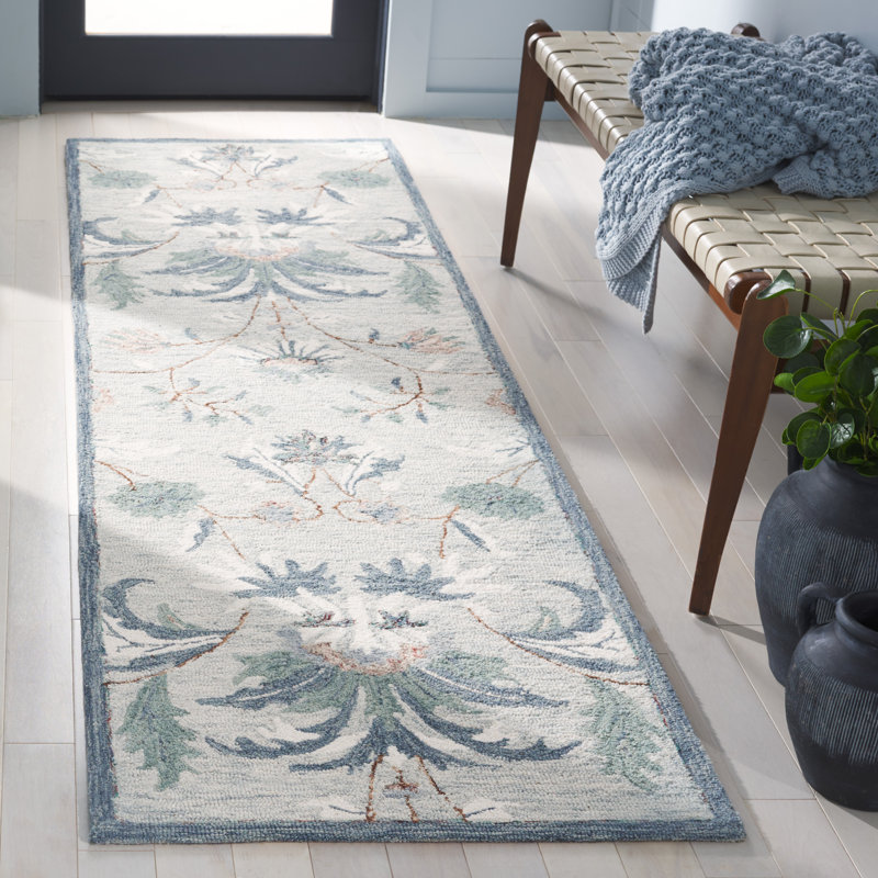 Aavni Hand Tufted Wool/Cotton Performance Floral Rug in Blue, Runner 2'6" x 8'