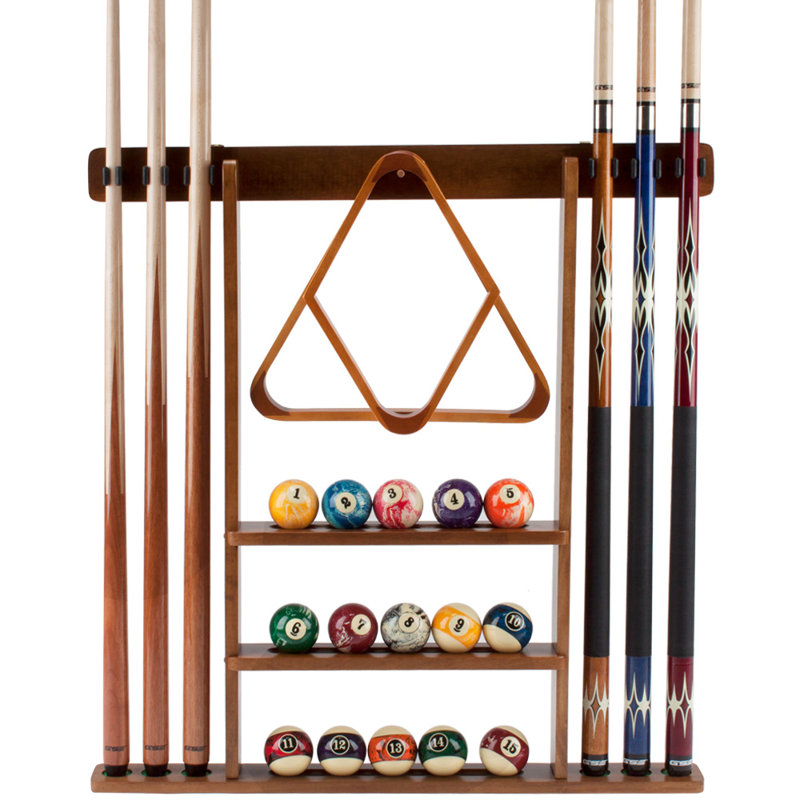 GSE Solid Wood 6 Pool Cue Rack, Billiard Pool Cue Stick Wall Mount Rack Only, Hanging Mounting Rack - Oak, Oak