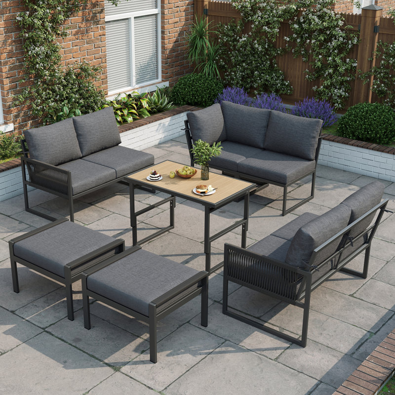 Grey 7-8 Seater Outdoor Garden Set With Height Adjustable Coffee Table And Compact Seater Stools, Corner Sofa With Polyester Rope