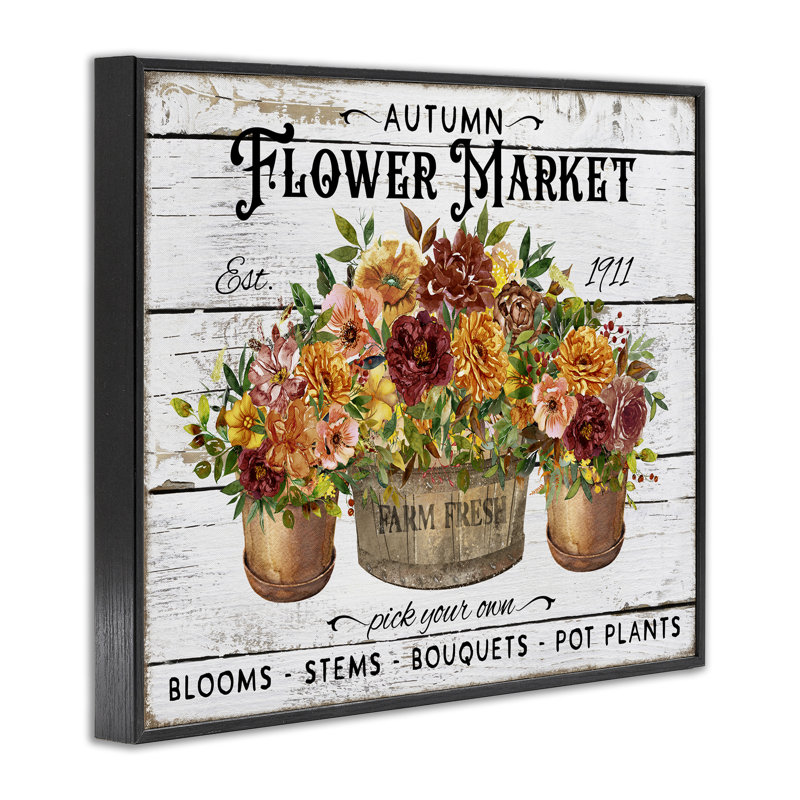 Art automnal sur un marché aux fleurs d'automne par Creatif Belle, H 11 po x l 14 po, Giclée encadrée noir minuit