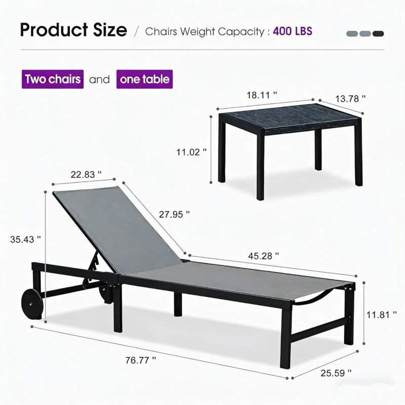 PURPLE LEAF Outdoor Chaise Lounge Chairs Set Recliner Aluminum Adjustable Chair with Wheels and Table for Poolside Beach Patio Reclining Sunbathing Lounger