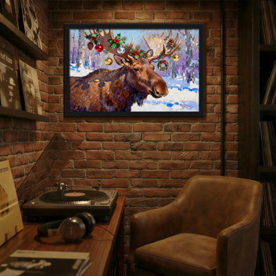 Christmas Moose With Christmas Decorations In Snowy Forest