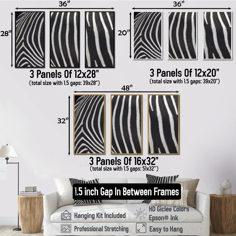 Détail de lignes de zèbre noires et blanches IV - ensemble transitionnel d'art mural sur toile encadré de 3