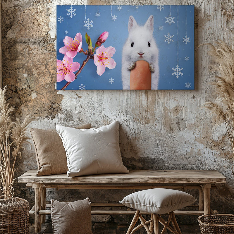 Toile, "Un lapin blanc moelleux délicat avec de grands yeux noirs expressifs, perché sur un doigt d'homme légèrement texturé"