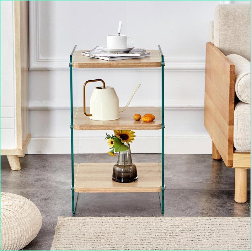 Table de chevet moderne à 3 couches avec panneau de fibres à densité moyenne et placage de bois Verre trempé