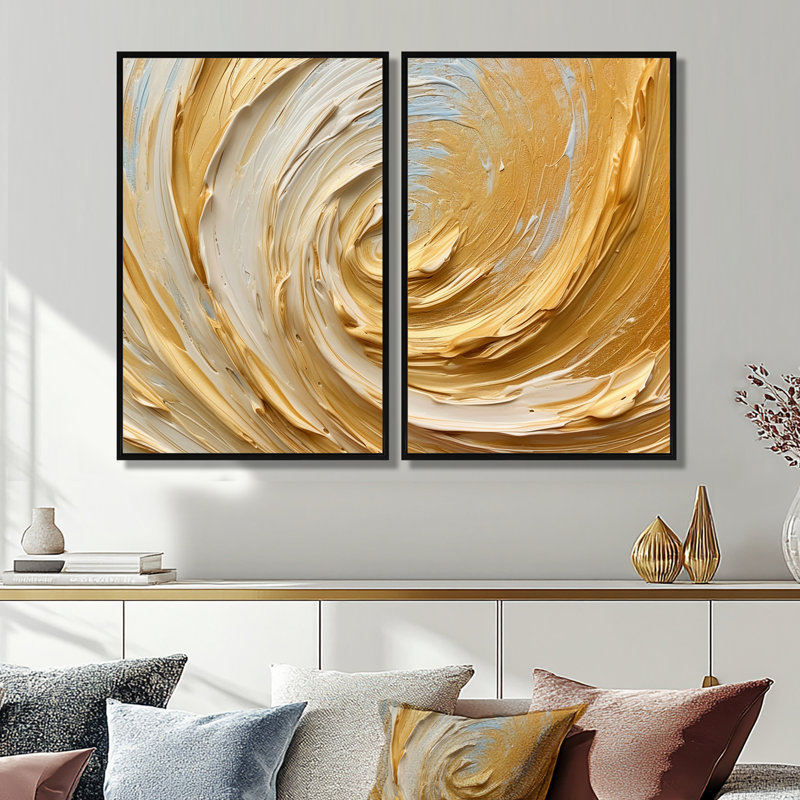 Gold Cream Infinite Swirls II - Toile moderne dorée 2 panneaux, Noir, H 36 po x l 48 po, Impression encadrée flottante