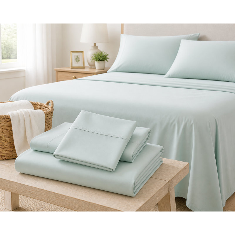 Ensemble de draps 4 pièces très grand en mélange de coton rafraîchissant 600TC, literie à poches profondes Seafoam pour dormeurs chauds, chambre à coucher